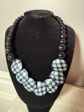 Statement Black and Light Blue Houndstooth Bead Necklace - Brand Unspecified